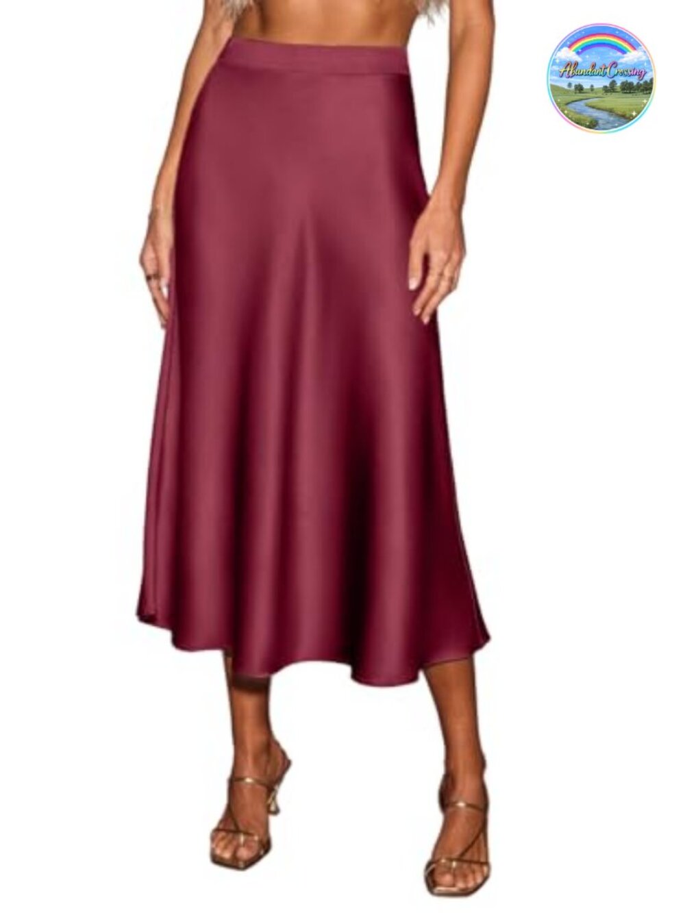 Satin A-Line Midi Skirt High Waist Hidden Side Zip Flowy